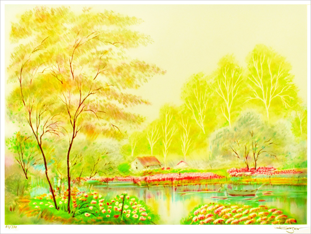 ベルジェ・トーレス 版画(リトグラフ) バルビゾンの花咲く池 1093