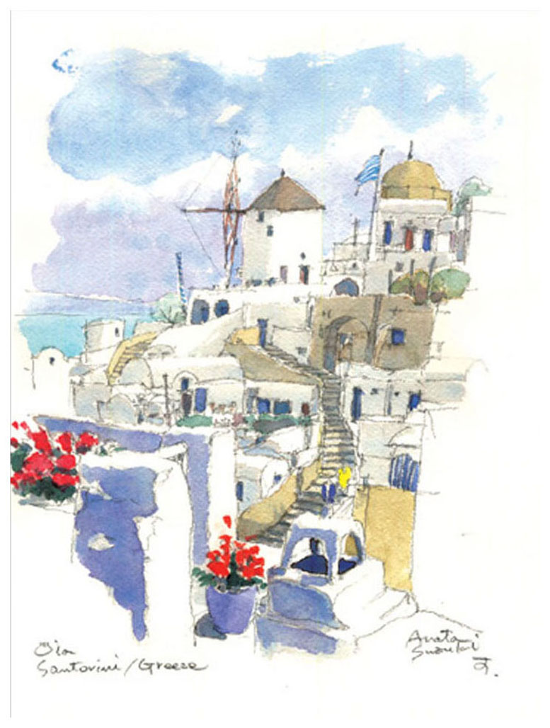 鈴木新 版画（ジクレー） イアの家並 ギリシア・サントリーニ島 3379