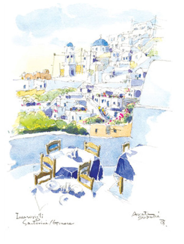 鈴木新 版画（ジクレー） イメロヴィグリの家並 ギリシア・サントリーニ島 3380