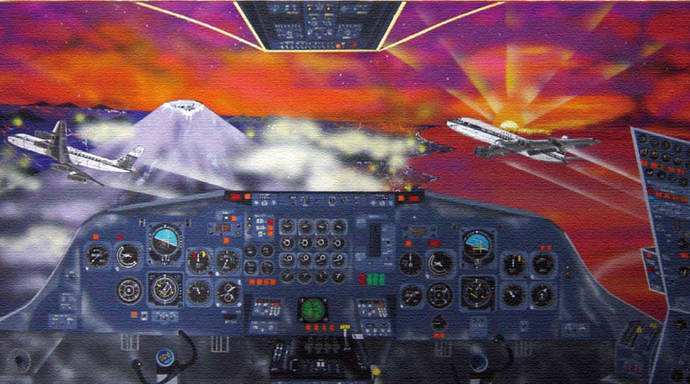 リチャード・カイ 版画（キャンバスジクレー） DC-8 朝焼けのMt Fuji