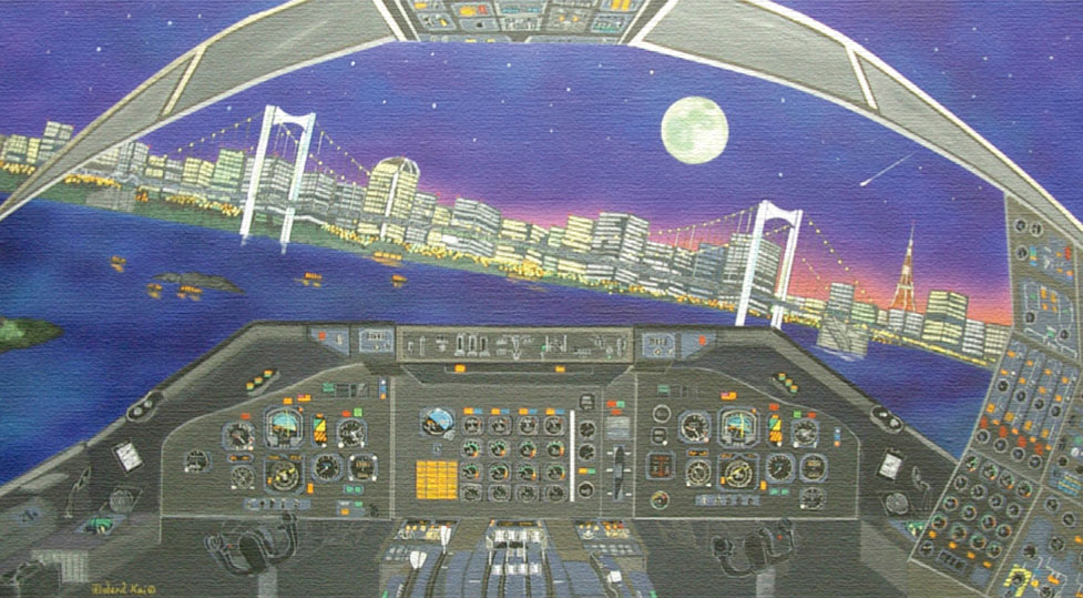 リチャード・カイ 版画（キャンバスジクレー） B-747 Tokyo Bay Approach 3691