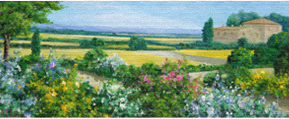 生田明 版画（キャンバスジクレー） 花のある丘 プロバンス（フランス） 4699