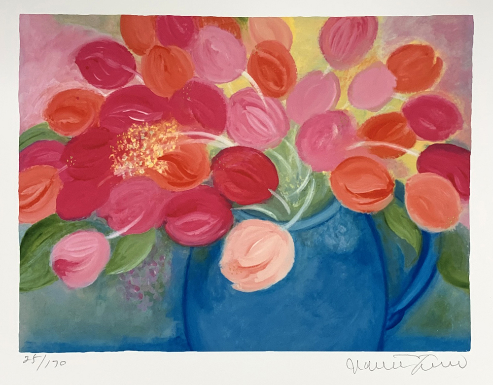 ジニー・キム 版画(ジクレー) セロリアンブルー色の花瓶とチューリップ 6205