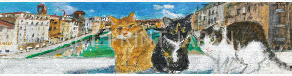 久下貴史 版画（キャンバスジクレー） 「ポンテ・ヴェッキオを背景にしたわれらが親愛なる猫友たち」 7256