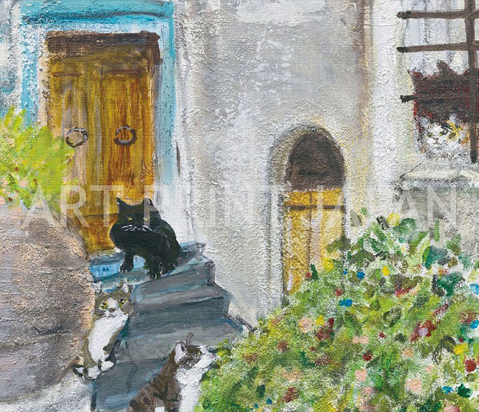 久下貴史 版画（キャンバスジクレー） 「天空の町、チヴィタ・ディ・バニョレージョは猫たちが出迎えるところ」 7258