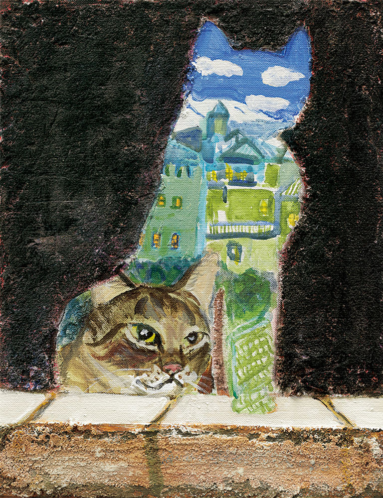 久下貴史 版画（キャンバスジクレー） たそがれ時のグラナダにちょっとシュールな猫 8591